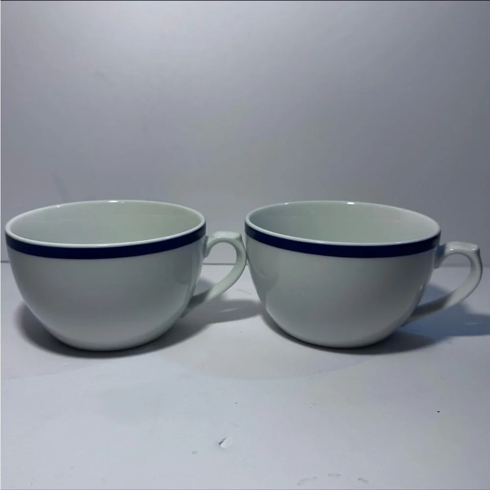 Set of 2 | White Ceramic Williams Sonoma Brasserie Blue Flat Mugs Tea Cups - Picture 2 of 12